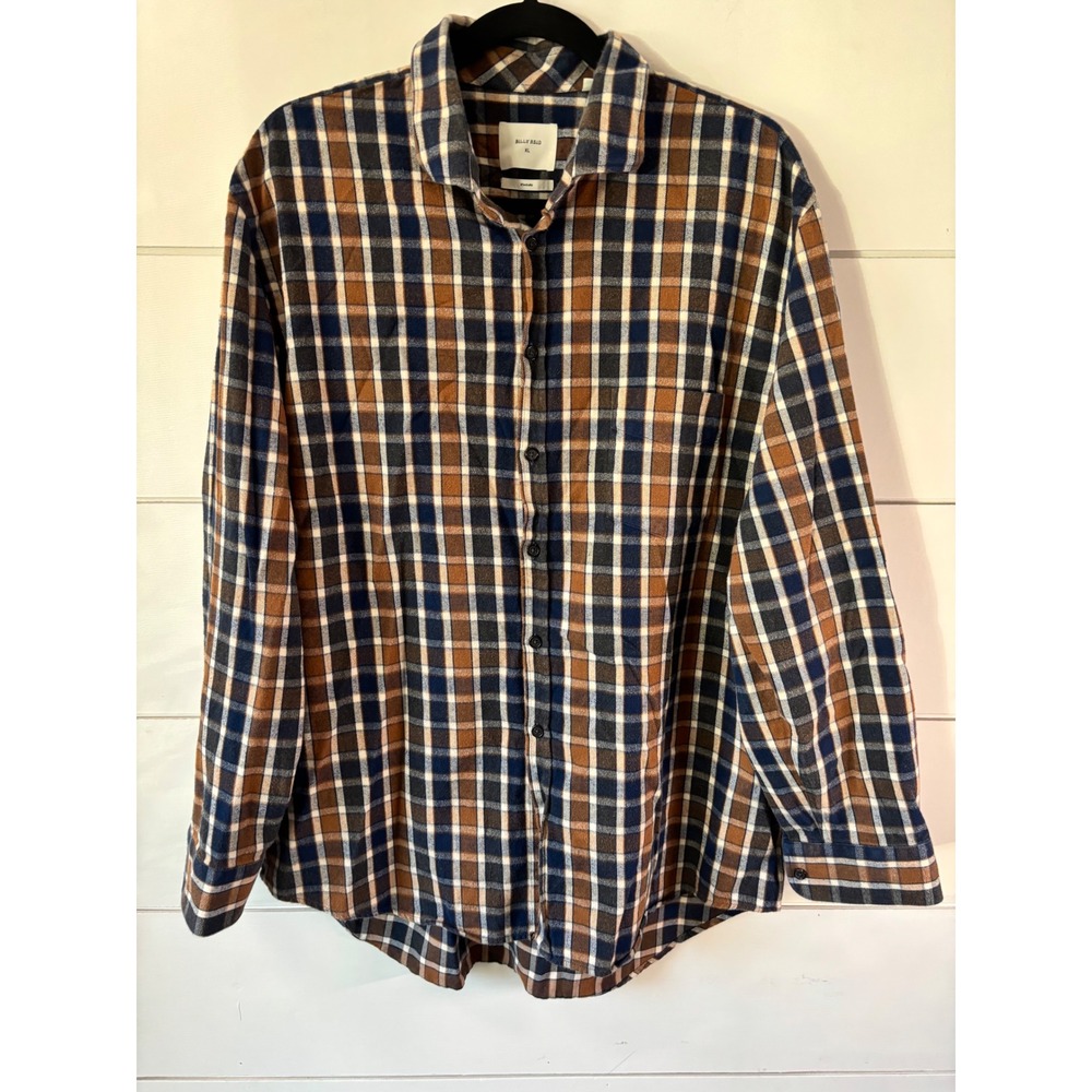 Billy Reid Button Down Shirt Mens XL Brown Navy Plaid Excellent Standard Fit